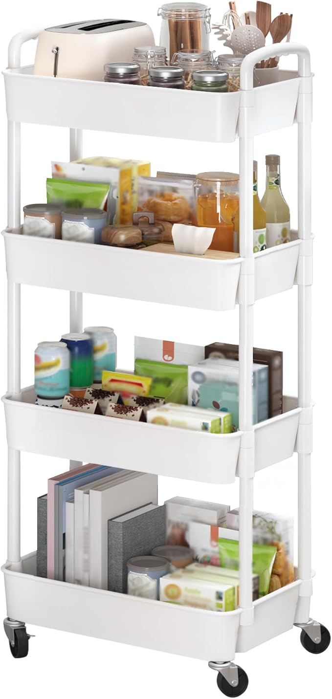 Sywhitta 4-Tier Plastic Rolling Utility Cart with Wheels for Storage,White | Multi-Functional Storage Trolley, for Office, Living Room, Kitchen, Bathroom,Movable Organizer,Space-Saving,Easy to assemble