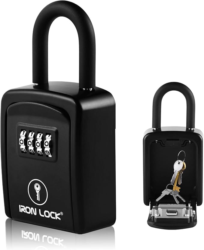 Iron Lock® Small Portable Key Lock Box with Code, U-Shackle (Small, Black) | U-shackle opens fully out to loop over a handle, gate, latch or rail; rolling combination dials, no app, no battery