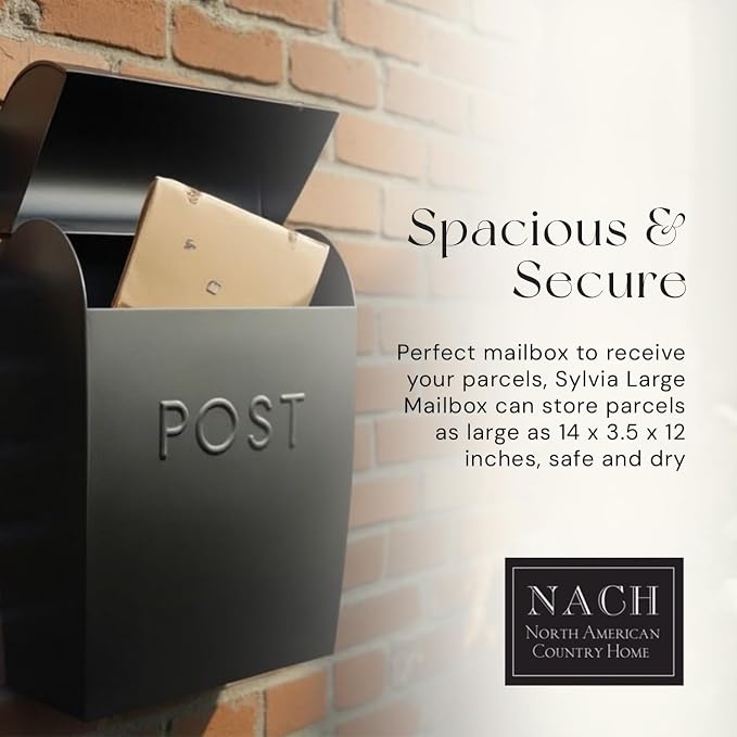 NACH Large Wall Mount Mailbox, 15.07 x 12.44 x 5.39 inches, Black Mailboxes for Outside Wall Mount, Waterproof - The Sylvia Mailbox