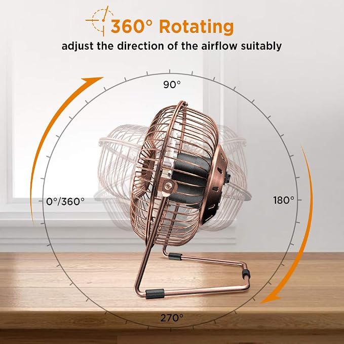 EasyAcc 6 Inch USB Desk Fan, 360°Rotation Small and Quiet,Powerful Portable Strong Airflow,Mini Metal Personal Cooling Fan with 2 Speed for Home Office,Bronze(USB POWERED ONLY)