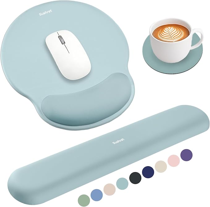 Mouse Pad and Keyboard Wrist Rest, 3-in-1 Gel Memory Foam Ergonomic Mouse Pad with Wrist Rest Set, Gaming Mousepad Arm Cushion Support for Computer Office Desk Accessories Cute, Seafoam Blue
