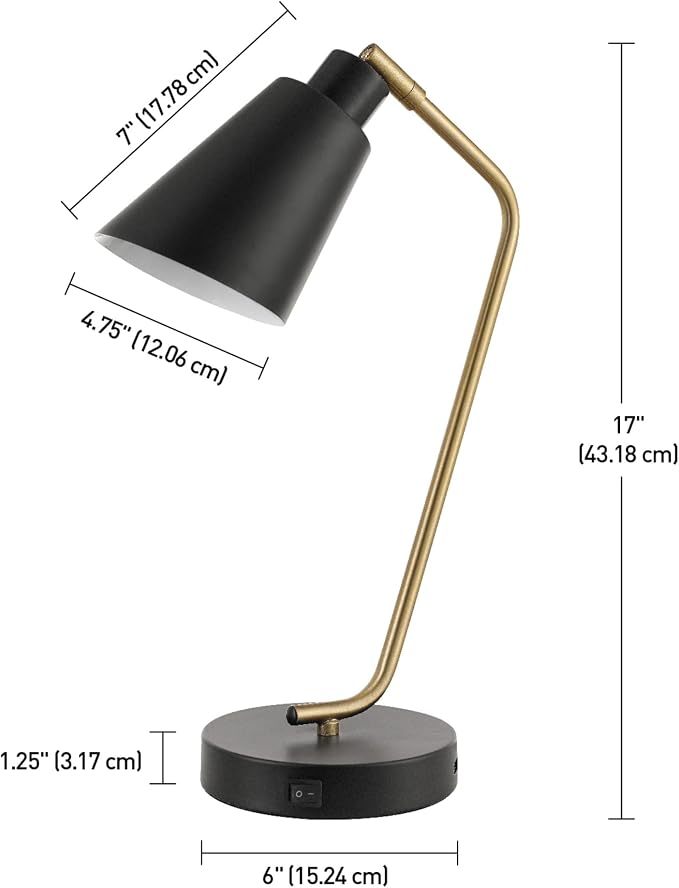 Globe Electric 52095 Belmont 17" Desk Lamp, Matte Black, Antique Brass Accents, Fast Charging USB Port, Rocker On/Off Switch