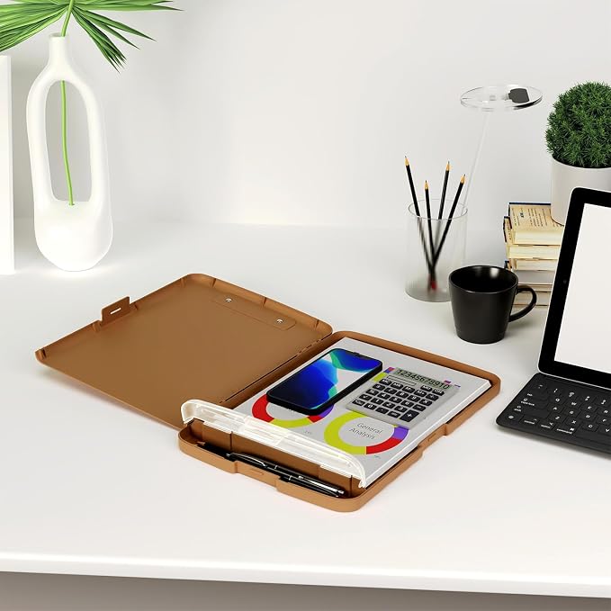 Piasoenc Clipboard with Storage, 8.5 x 11 Clip Board with Pen Holder, Brown | High Capacity, Heavy Duty Plastic Organization Box for A4 Legal Paper Folder, Folio & Side-Opening Nurses, Teachers, Student
