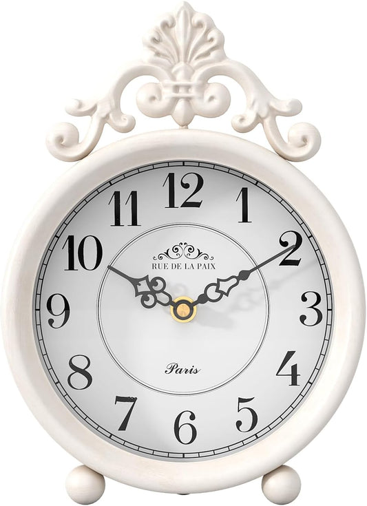 Vintage White Table Clock, Desk and Shelf Mantel Clock, French Rustic Antique Style Decor Clocks, for Farmhouse, Bedroom, Living Room, Bedside, Gift (9" H x 6.3" W)