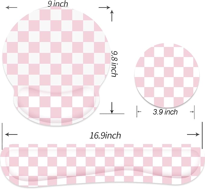 Ergonomic Mouse Pad with Wrist Rest and Keyboard Wrist Rest, Mousepad | Memory Foam Wrist Rest for Computer Keyboard, Pain Relief, Non-Slip Base, Mouse Pad Wrist Support for Gaming, Pink Checkered