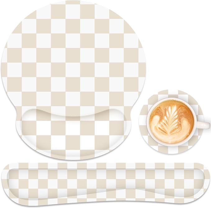 Ergonomic Mouse Pad with Wrist Rest and Keyboard Wrist Rest, Mousepad | Memory Foam Wrist Rest for Computer Keyboard, Pain Relief, Non-Slip Base, Mouse Pad Wrist Support for Gaming, Beige Checkered