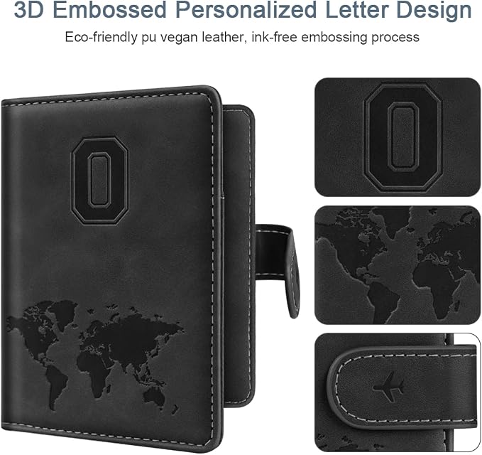 Passport Holder for Travel Essentials Personalized Initial Wallets | Embossed Letter A-Z Design, RFID Blocking, Passport Cover, Passport Book Holders, Men Women, Personalized Gifts, Black-O