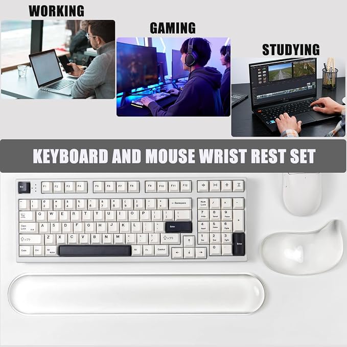 Gel Keyboard and Mouse Wrist Rest Set –White Clear Wrist Rest for Computer Keyboard 60%/68%/75%, Comfort & Support for Typing and Gaming