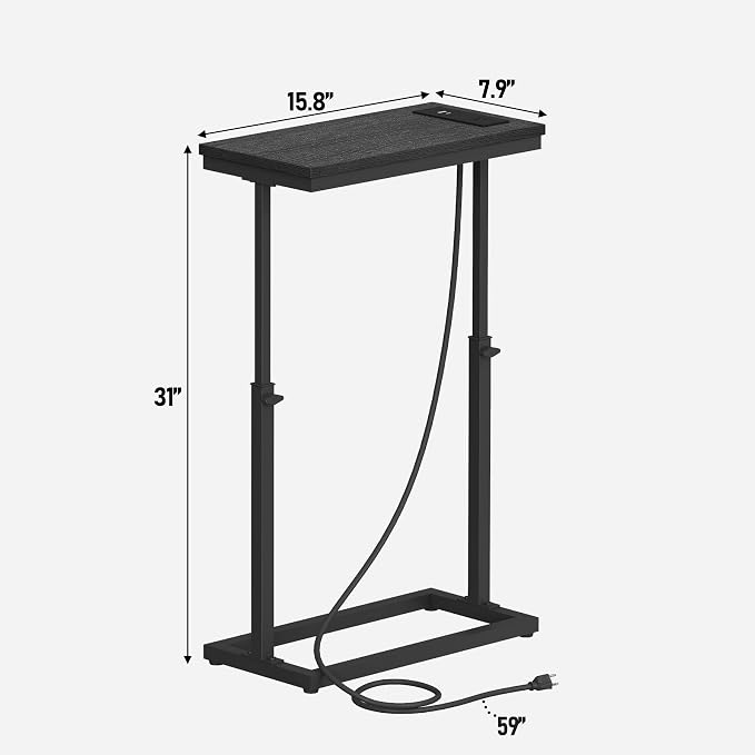 TUTOTAK End Table with Charging Station, Side Table, Tall Couch Table | Sofa Table, for living Room, Bedroom, Black TB01BK084