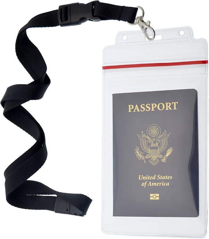 5 Pack - Passport & Vaccination Card Holder - Heavy Duty Waterproof Tear Resistant Sleeve with Zip Top & Premium Breakaway Lanyard - 4X6 Insert for Cruise, Travel, & Beach Vacation Documents (Black)