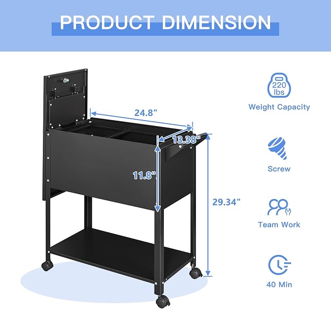 Metal Rolling File Storage Cart with Wheels, Mobile File Cabinet with Lock, Filing Cabinet Organizer for Legal/A4 (Black)
