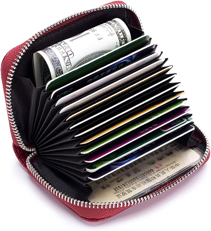 RFID Credit Card Holder Genuine Leather Credit Card Wallet with Zipper | RFID