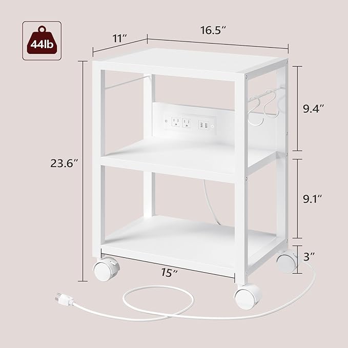 MAHANCRIS Industrial Printer Cart, 3-Tier Mobile Printer Stand, Rolling Cart with 2 AC Outlets and 2 USB Ports, Home Printer Stand with 2 Hooks, for Office, Living Room, White PTWT40E01