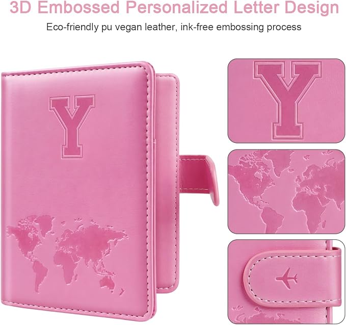 Passport Holder Cover Initial Letter A-Z Travel Wallet Personalized | Travel Essentials, Embossed Design, RFID Blocking, Personalized Gift, Passport Book Holders for Women and Girls, Pink-Y
