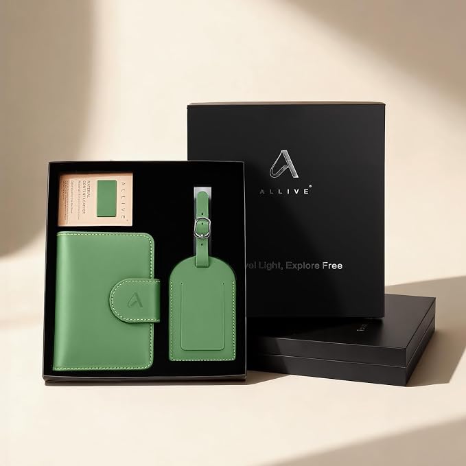 ALLIVE Rfid Passport Holder for Travel Women, Rfid Passport Cover Wallet, Genuine Leather Passport Holder for Travel with AirTag Hidden, Gift Set with Luggage Tag in Premium Gift Box (Avocado Green)