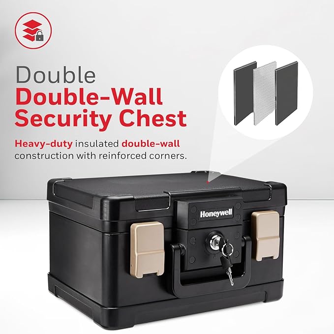 Honeywell Safes & Door Locks - Fireproof & Waterproof Small Safe Box Chest for Home - Fits Folded Letter Size Documents - Strong ABS Plastic - Document Box with Key Lock System - 0.15 CU, Black, 1102