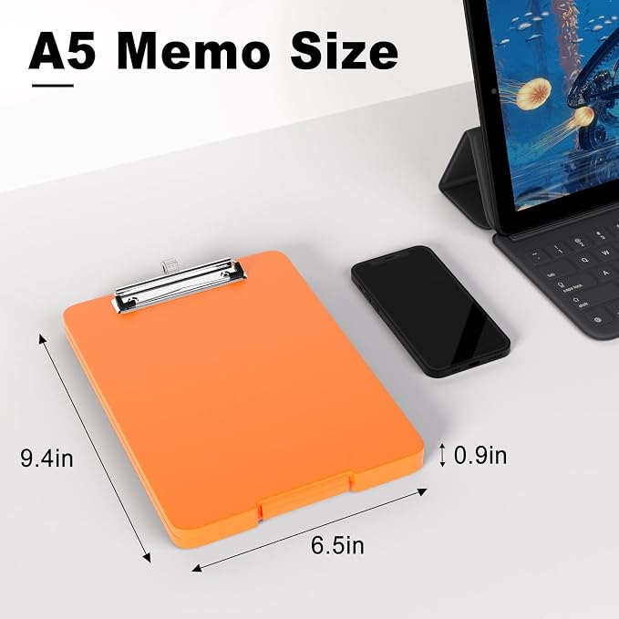 Hongri A5 Clipboard with Storage, Metal Retractable Pen Holder, Orange | 6 x 9'' Nursing Plastic Foldable Clip Board, Size 9.4 x 6.1 x 0.9 in, Menu Box for Work, Office & School Supplies