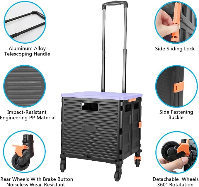 FELICON SELORSS Foldable Utility Cart Folding Portable Rolling Crate-Purple | Heavy Duty,Telescoping Handle,4 Rotate Wheels,Collapsible Handcart for Travel Shop Move Luggage Laundry Teacher Office Use
