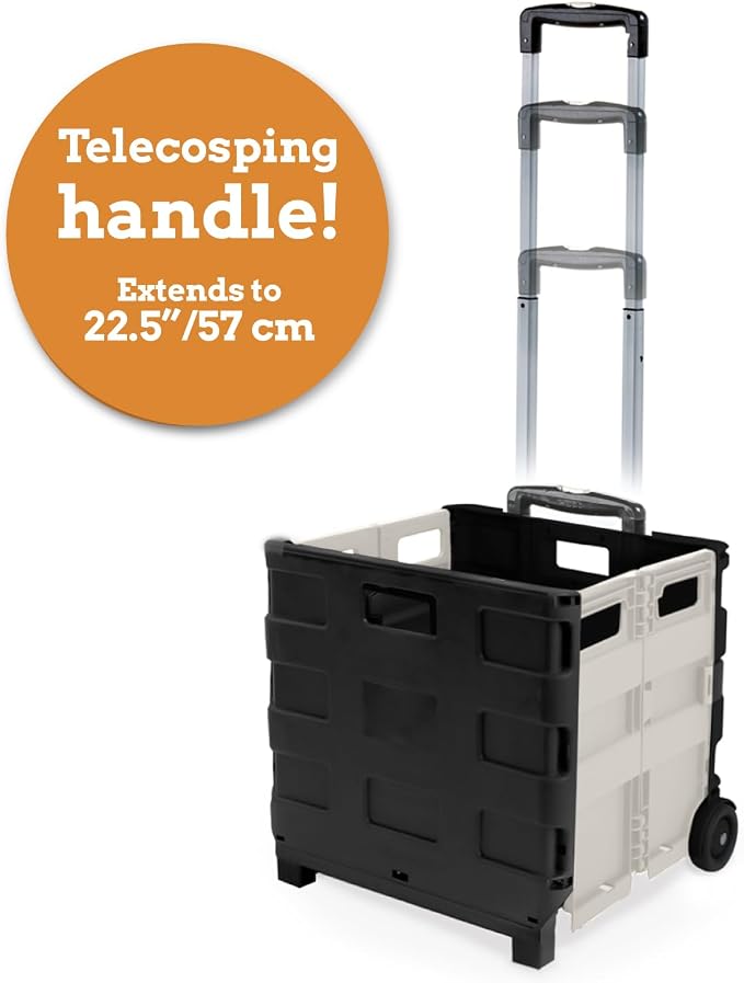 Ultra-Slim Rolling Collapsible Storage Pack-N-Roll Utility-carts, with Telescopic Handle, for Home, Garden, Shopping, Office, School use, Medium, White & Black