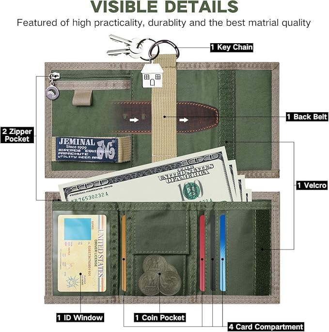 JEMINAL Trifold Wallet for Men Canvas Outdoor Sports Keychain Wallet with Multiple Card Slots and ID Window Green