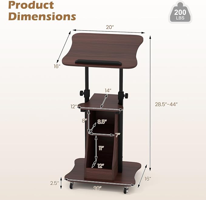 Tangkula Mobile Lectern Podium, Height Adjustable Podium Stand, Sit-to-Stand Desk with Tilting Tabletop & Storage Shelves, Rolling Laptop Cart Desk with Lockable Casters for Home Office School (Brown)