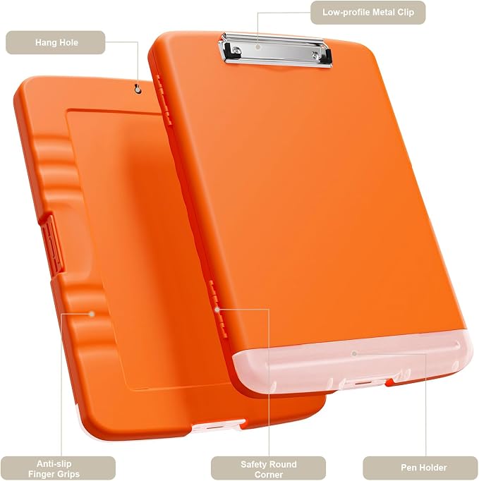 Piasoenc Clipboard with Storage, 8.5 x 11 Clip Board with Pen Holder, Orange