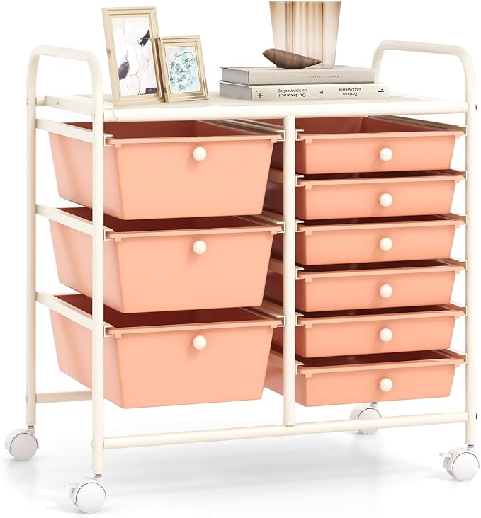 RELAX4LIFE 9 Drawer Rolling Storage Cart - Mobile Drawer Carts for Craft Art Supply Paper Salon, Utility Cart on Wheels for Classroom Teacher School Office, Rolling Cart with Drawers (Pink)