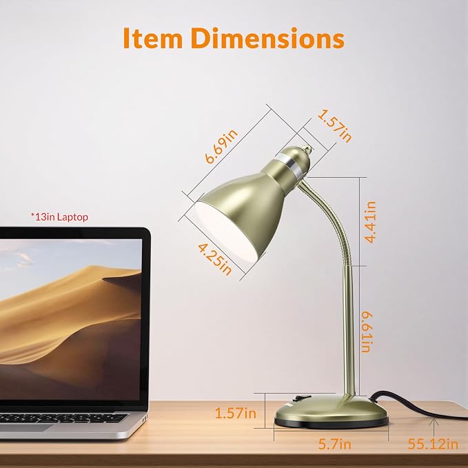 LEPOWER Metal Desk Lamp, Adjustable GooseNeck Reading Light for Bedroom | Compact & Sturdy, Space-Saving for Bedside & Dorm, E26 Table Lamp, Eye-Caring, Ideal for Study, Office, Back to School