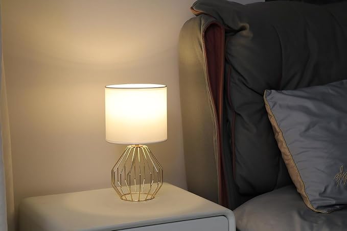 Small Gold Table Lamps, Set of 2 Bedside Nightstand Lamps with White Fabric Shade, Metal Base, Hollow Geometric Desk Lamps for Bedroom, Living Room, Office
