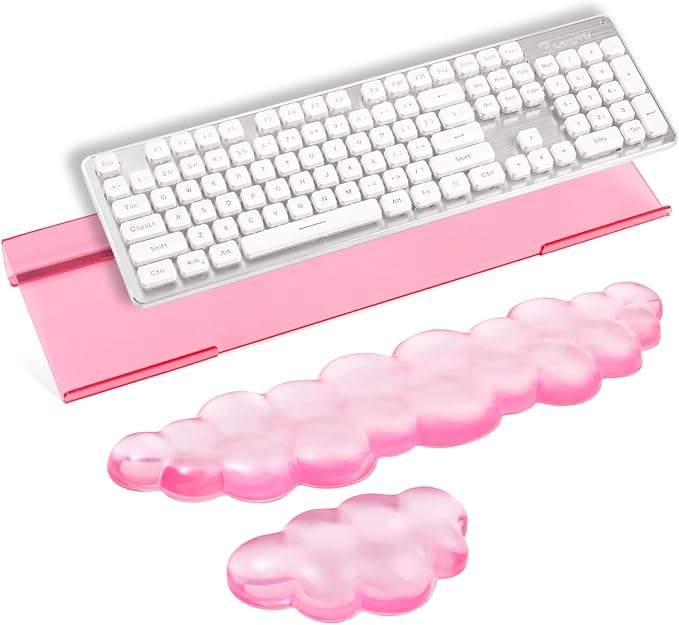 Pink Acrylic Ergonomic Keyboard Stand with Silicone Wrist Rest | for Desktop Clear Keyboard Holder with Soft Wrist Support, Aesthetic Desk Accessories for Office, Gaming & Home