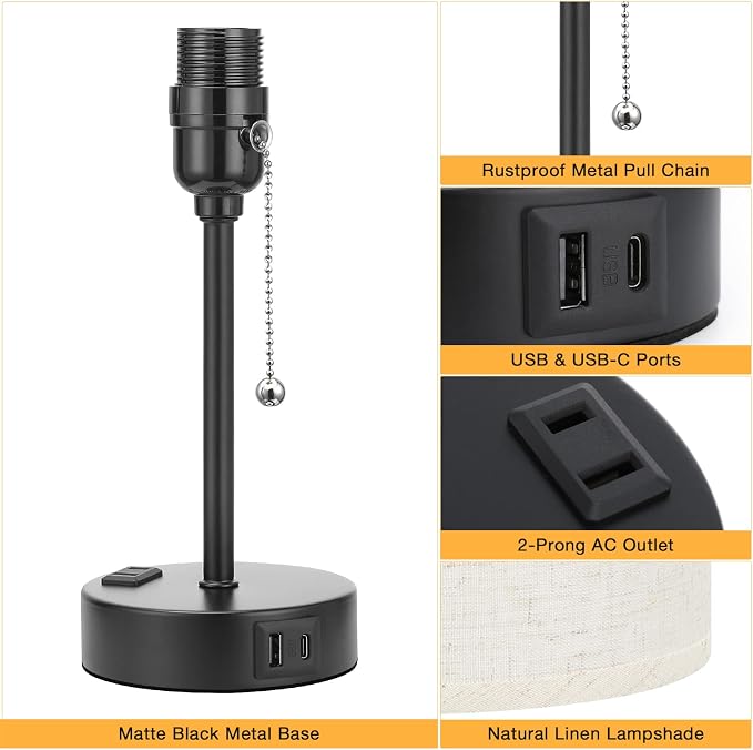 Small Bedside Table Lamp for Bedroom - Desk Lamp with USB Ports for Dorm | USB A+C Ports, AC Outlet, 3 Color Temperatures, LED Bulb Included, 14" Night Stand Lamp