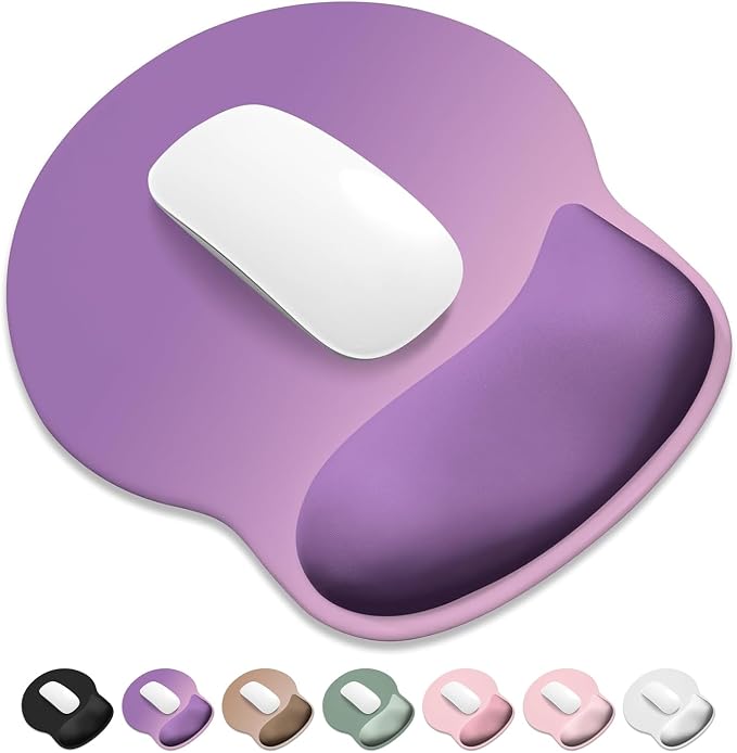 ITNRSIIET Ergonomic Mouse Pad with Wider Memory Foam Wrist Rest +17% - Curved Cushion Reduces Pressure 20%, Pain Relief, Non-Slip, Smooth, Cute Colors, 9.85 x 9 in, Purple Pink Gradient