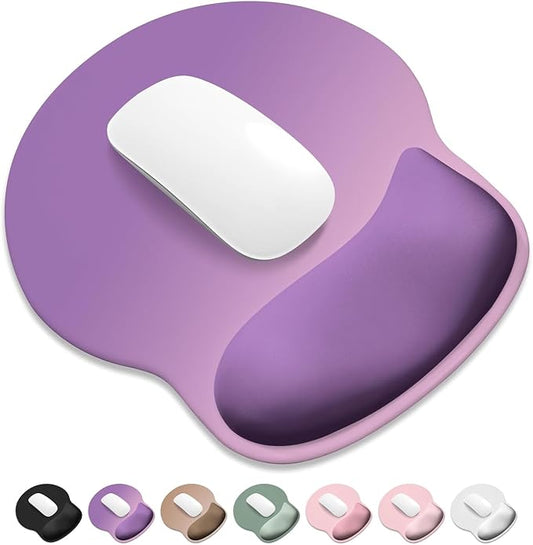 ITNRSIIET Ergonomic Mouse Pad with Wider Memory Foam Wrist Rest +17% - Curved Cushion Reduces Pressure 20%, Pain Relief, Non-Slip, Smooth, Cute Colors, 9.85 x 9 in, Purple Pink Gradient