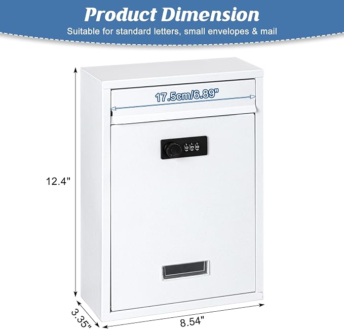 KYODOLED Locking Wall Mount Mailbox with Combination Lock, White | Heavy-Duty Steel, Secure Drop Box for Mail, Cash & Keys, Weather Resistant, Home, Office & School Use, 12.4 x 8.54 x 3.35 In