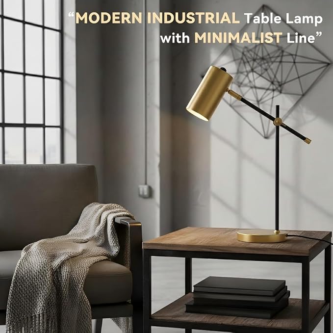 Modern Black and Gold Desk Lamp with Type C Charging Port, Minimalist Industrial Table Lamp with Swing Arm, for Study Room Home Office Bedroom Bedside Nightstand