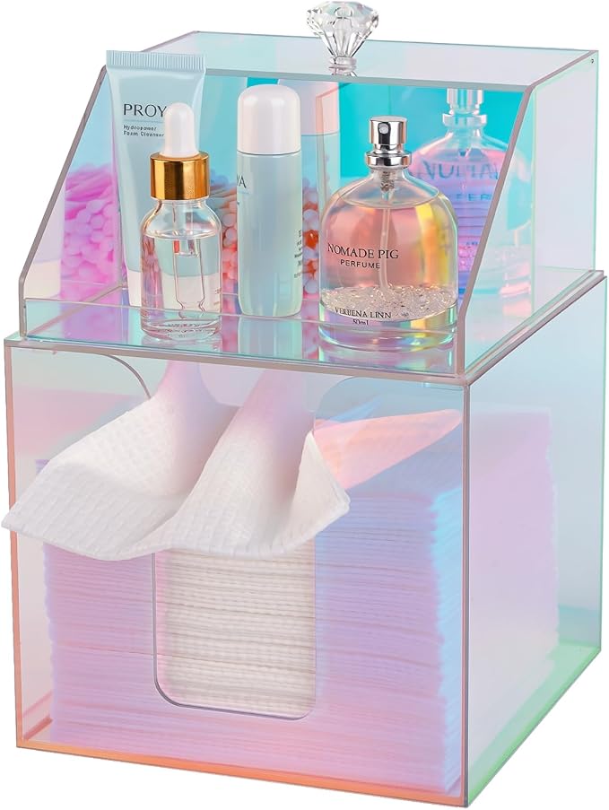 Disposable Facial Towels Storage Double Layer Acrylic Box, Glossy Rainbow | Face Towelettes Holder with Clean Skin Club Clean Towel XL Cotton Pads Container Qtip Bin for Bathroom Counter