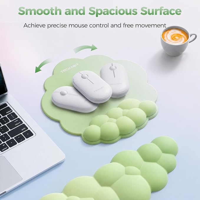 TECKNET Cloud Wrist Rest & Ergonomic Mouse Pad, Cloud Keyboard Wrist Rest with Non-Slip Base, PU Leather Memory Foam Wrist Pad for Keyboard and Mouse, Pain Relief for Typing, Gaming, Green