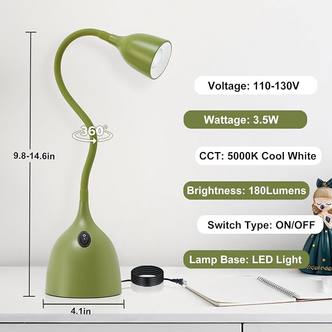 EJIAXIN Gooseneck Desk Lamp 360° LED Flexible Reading Light Small Desk Lamps for Small Spaces Home Office Bedroom College Dorm Desk Bookshelf Nightstand Table Lamp (Green)