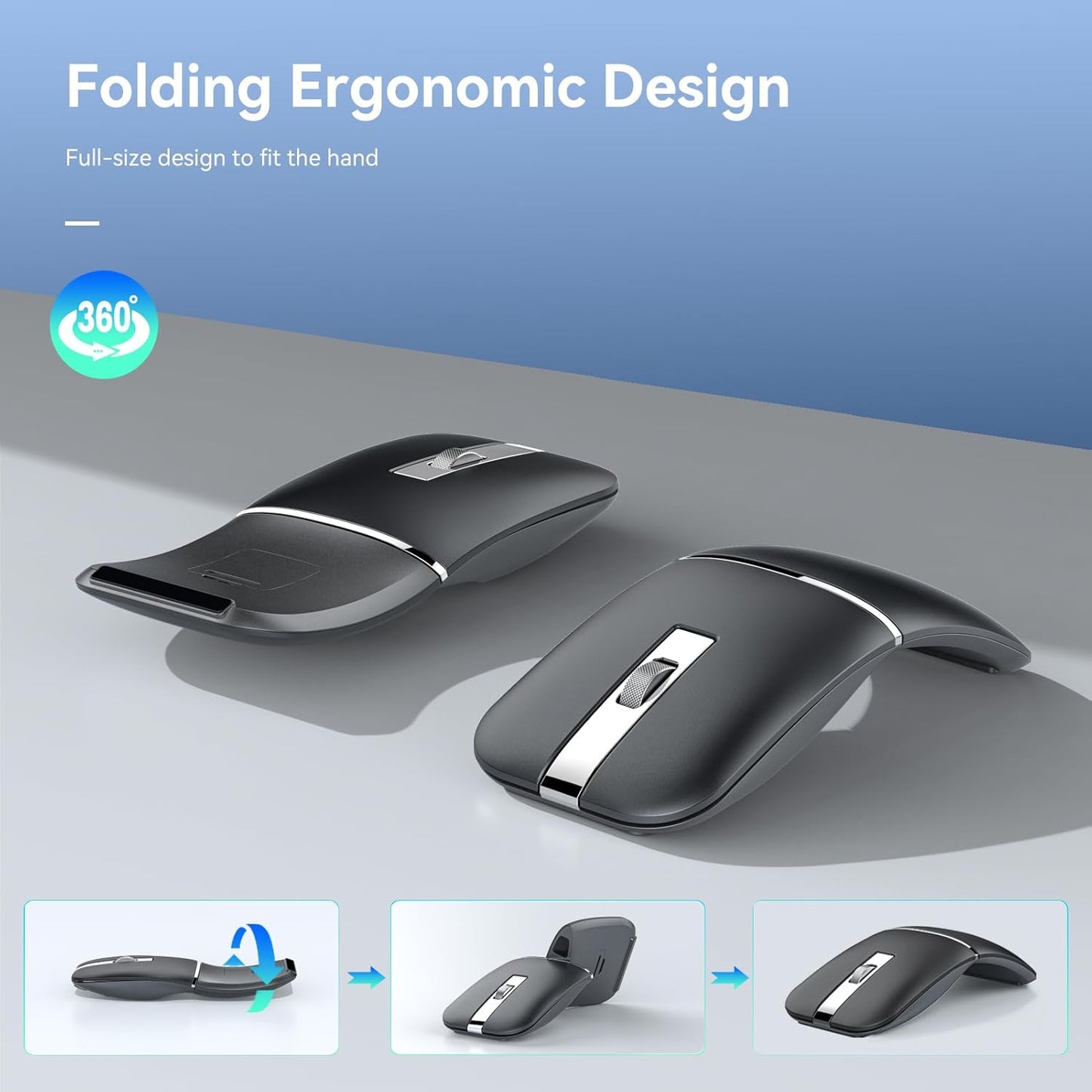 Bluetooth Wireless Arc Travel Mouse, Dual Model (2.4G+BT5.1) Rotating Foldable Mouse for Microsoft, Rechargeable Slim Portable Mice for Laptop, Notebook, PC, MacBook, Chromebook, Lenovo - Black