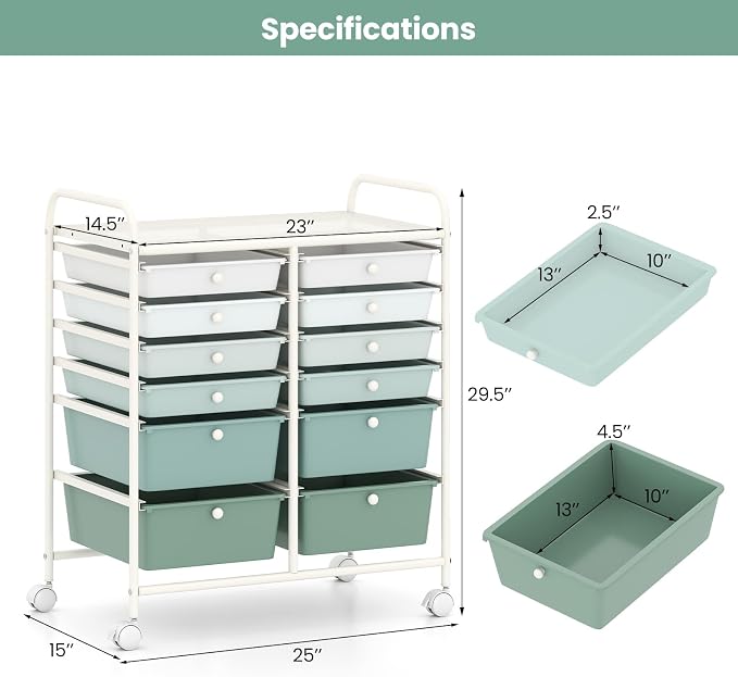 BECOMFORT 12-Drawer Rolling Cart with Drawers, Storage Cart on Wheels, Teacher Classroom Organizers with Metal Frame, Mobile Craft Cart, Trolley Utility Cart for School Office Play Room