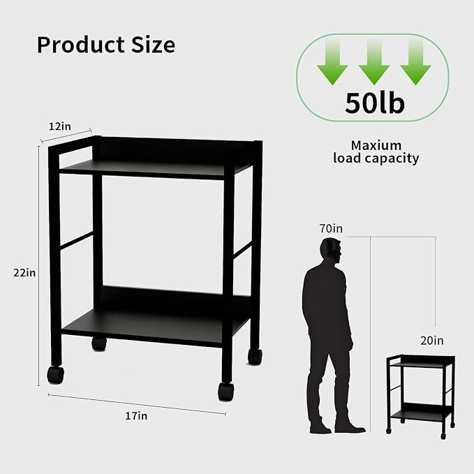 Small Rolling Printer Stand, 2-Tier Mobile Cart with Shelf for Home Office | Roll it beside your desk for printers, beside your sofa for coffee, or beside your bed for books. One cart, every room.
