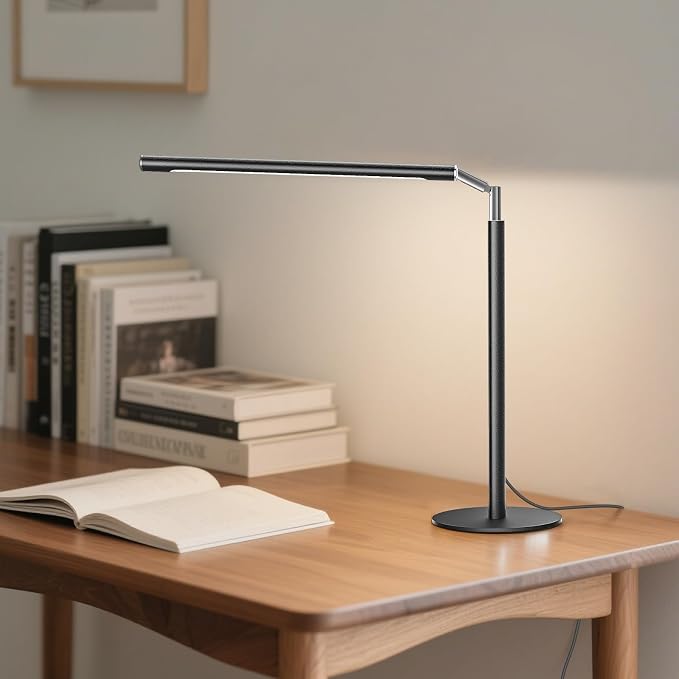 Metal LED Desk Lamp, 16" Dimmable Desk Light with Base, 15W 1200LM, Adapter Included, Color & Brightness Adjustable, Modern Tall Table Lamp for Home Office Reading Study Task Laptop, Black