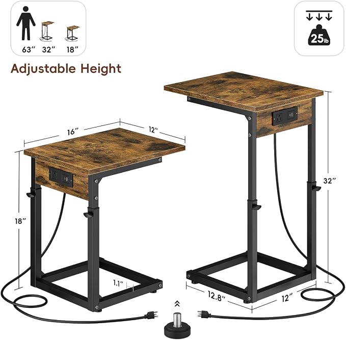 C Shaped End Table with Charging Station, 33"Tall Side Table for Couch, C-Table End Table Adjustable Height Side Table,Slide Under Couch Table TV Tray Table for Sofa,Living Room,Bedroom,Brown