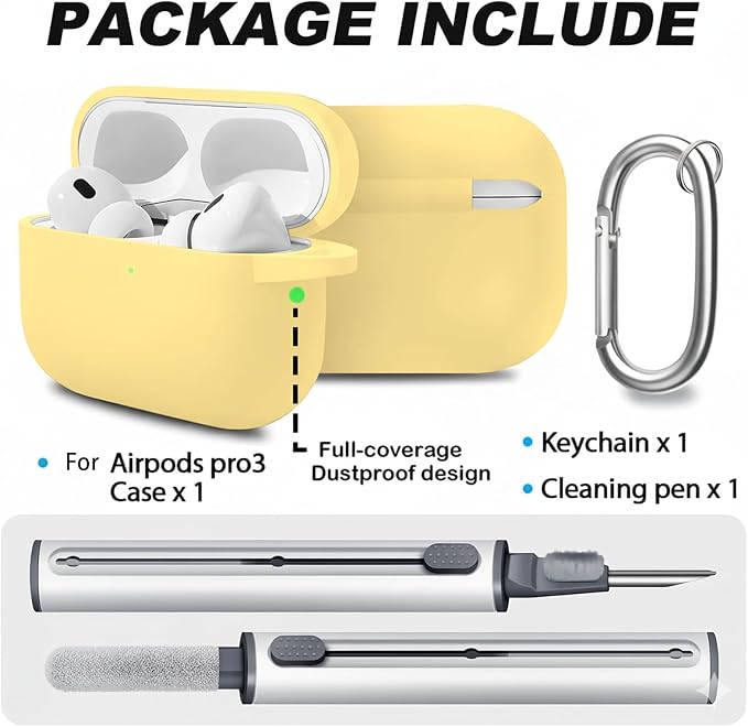 Full-Coverage dustproof Design for AirPods Pro 3 Case Cover with Cleaner Kit,Soft Silicone Cover for AirPods Pro 3rd Generation Comes with Keychain,Suitable for 3rd Generation,Light Yellow