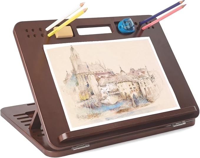 StrongTek Bamboo Tabletop Easel, 6-Angle Drawing Board for Desk and Lap | Pencil and Eraser Slots, Full-Base Lap Support, Secure Angle Positioning, Sketching, Acrylic Painting and Hands-Free Reading