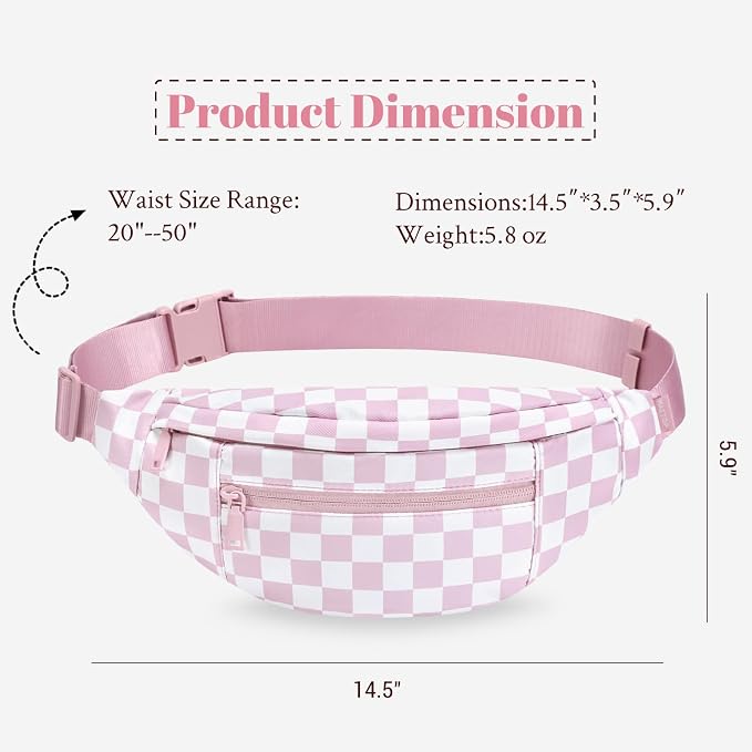 Pink Checkered Fanny Pack for Women Cross Body Bag for Concerts Travel | Rose Pink and White Checkered,Stylish,Large Capacity,Hands-Free ,Idea for Enjoy Shopping Sports Traveling Running Casual