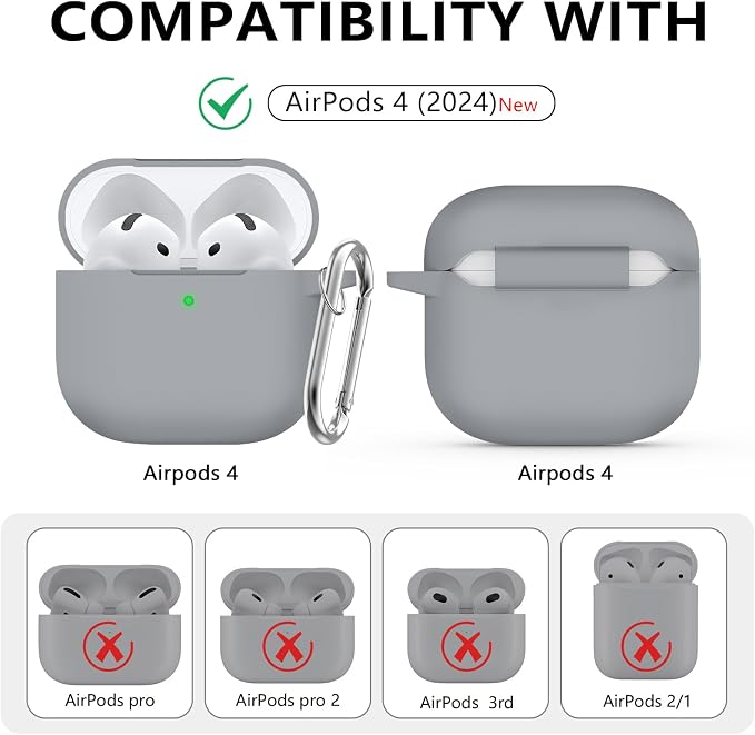 Ljusmicker for AirPods 4 Case 2024 with Cleaner Kit,Soft Silicone Protective Cover for Apple AirPods 4th Generation Cases for Women Men,for AirPod 4 Case Accessories with Keychain-Light Grey