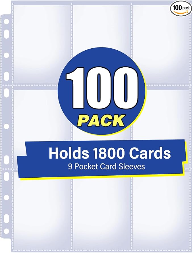 100 Pack 9 Pocket Card Sleeves Binder Sheets, Holds 1800 Cards, Trading Card Sleeves for 3 Ring Binder, Protective Pages Sheets for Baseball, Football, Business, Game Cards