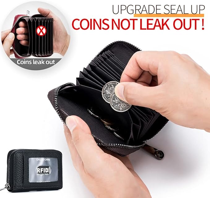 Genuine Leather Credit Card Wallet Accordion Zipper Rfid Credit Card Holder Small Coin Purse with ID Window (black)