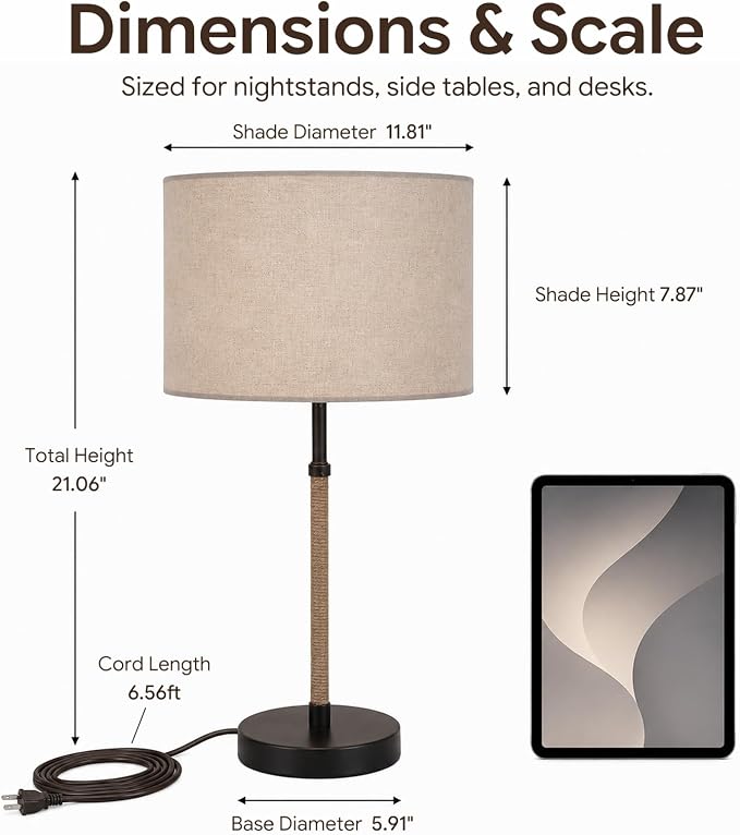 BySea Nordic Linen Desk Lamp, 21.1" Tall Metal Table Lamp for Living Room, Minimalist Bedside Nightstand Lamp with Fabric Drum Shade, Japandi Decor, Warm Yellow Light, 6.6ft Cord